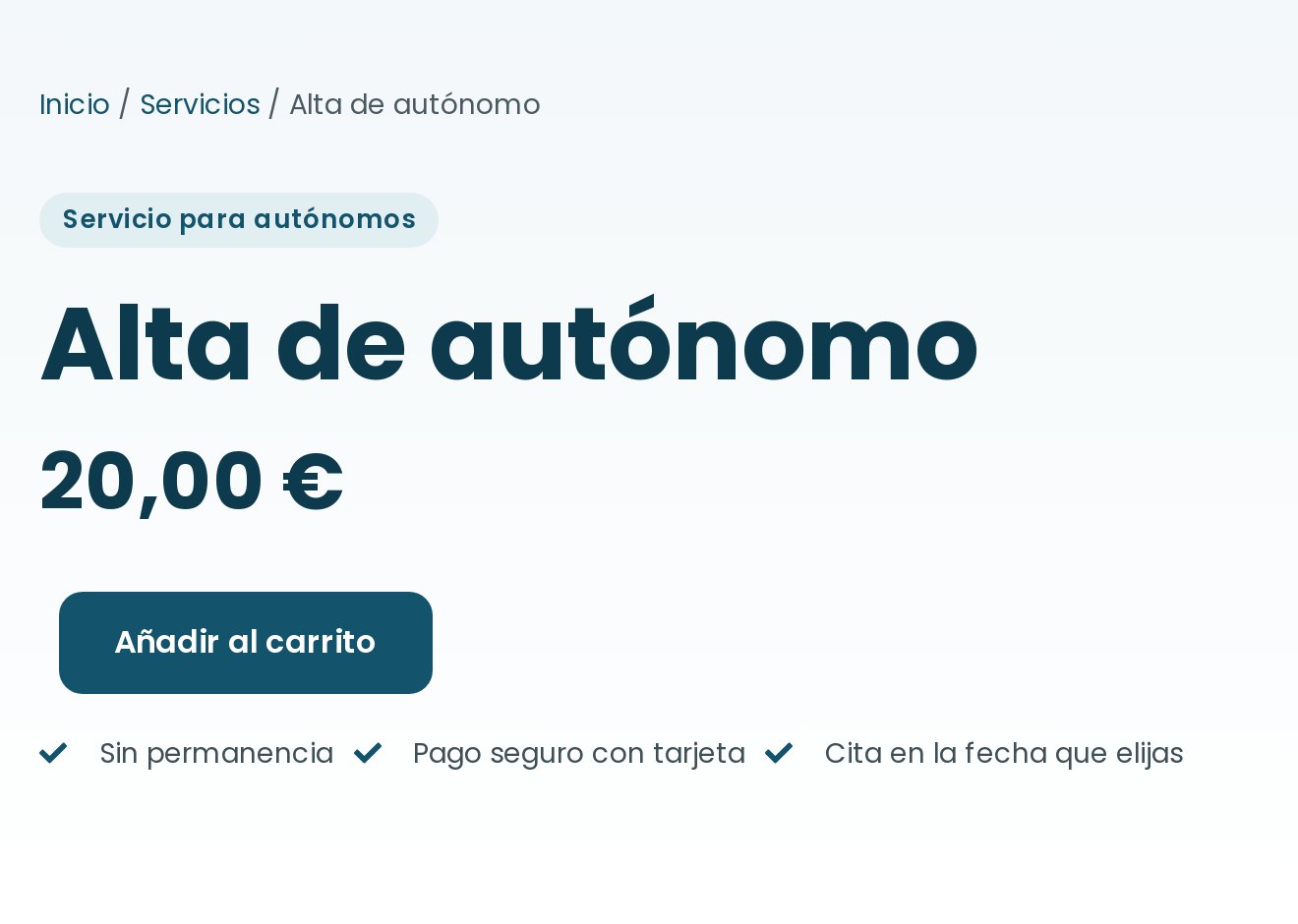 Ficha del servicio Alta de autónomo con su precio y el botón Añadir al carrito