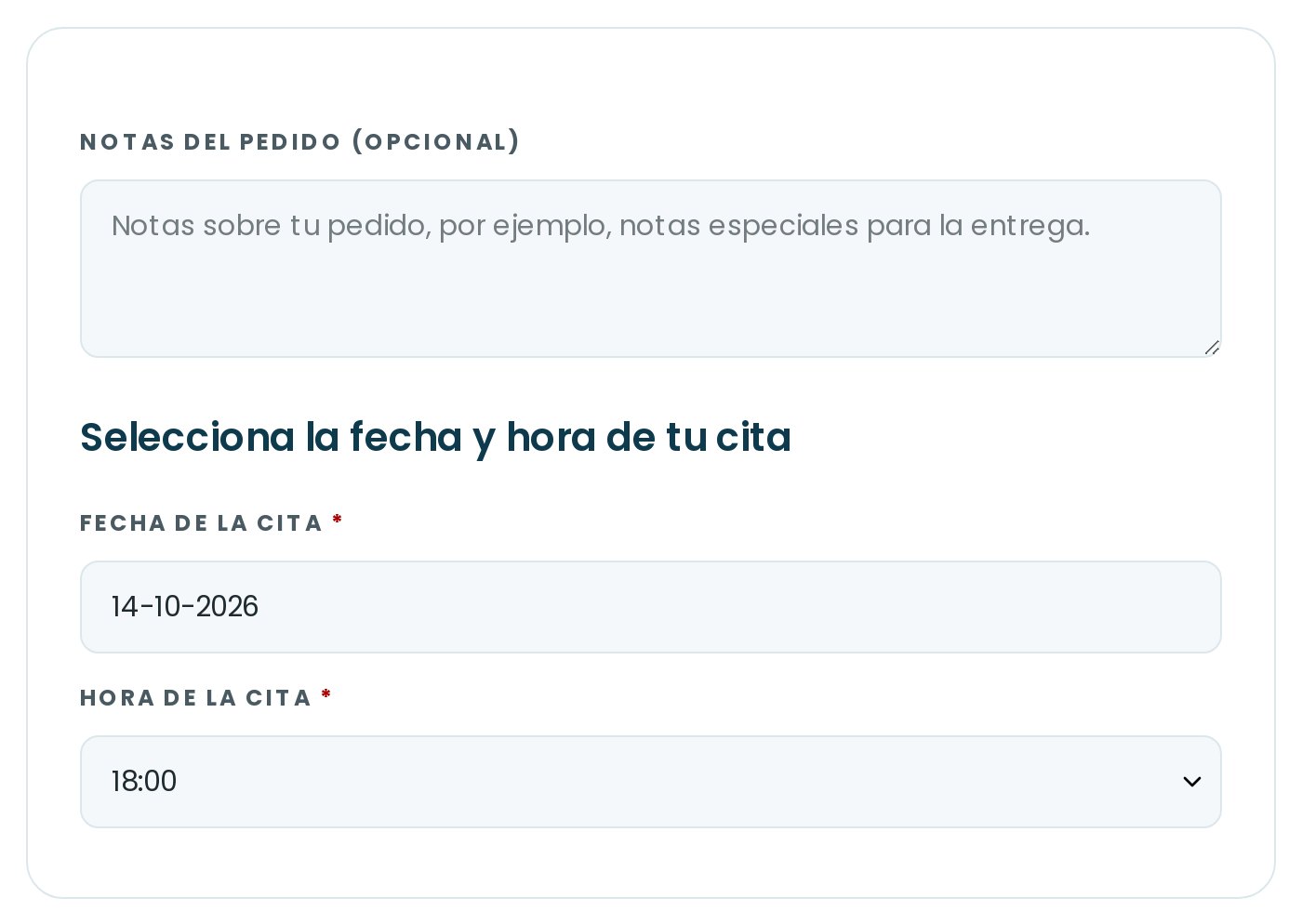 Selector de fecha y hora de la cita dentro del pedido