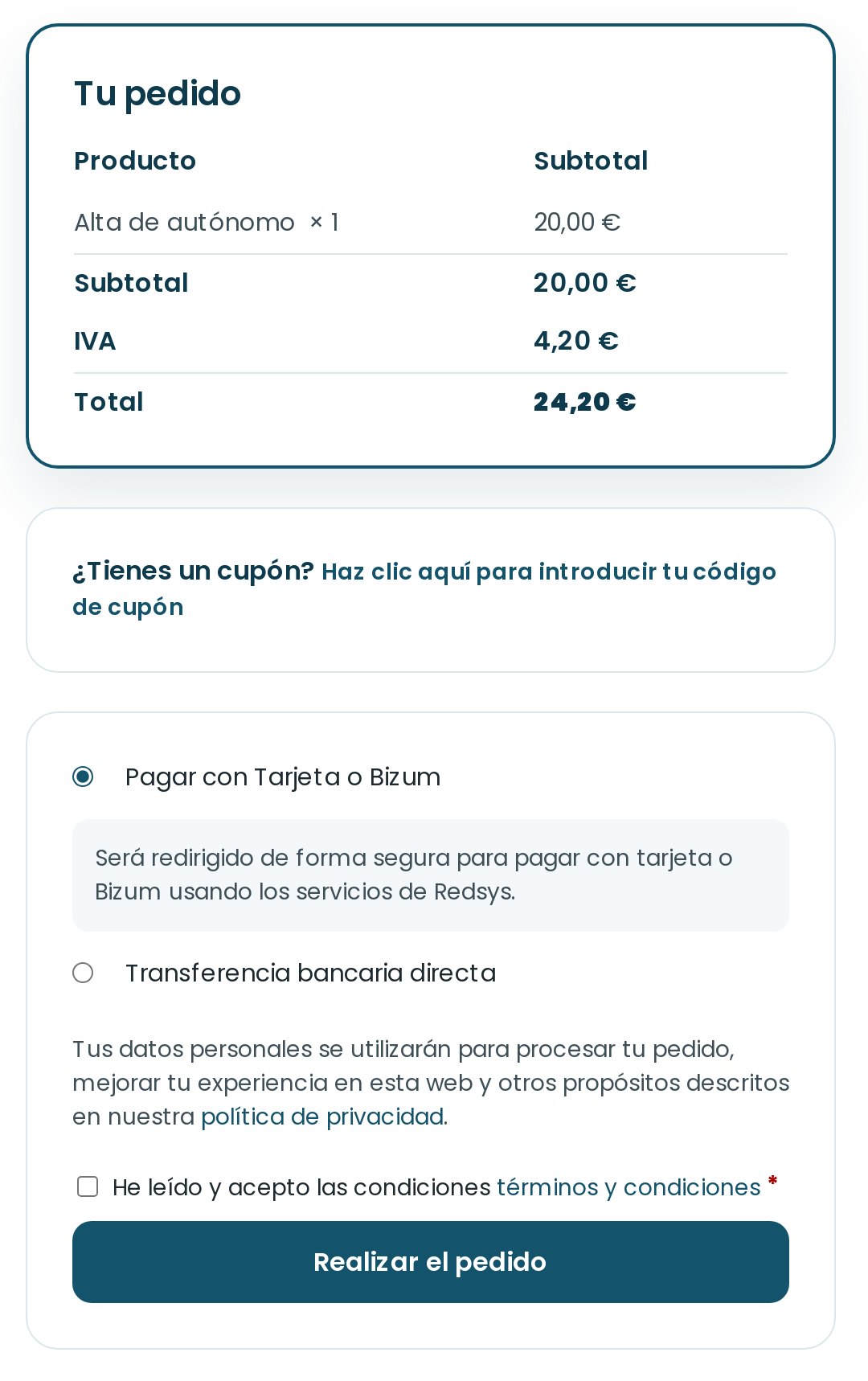 Resumen del pedido y métodos de pago: tarjeta o Bizum, y transferencia bancaria