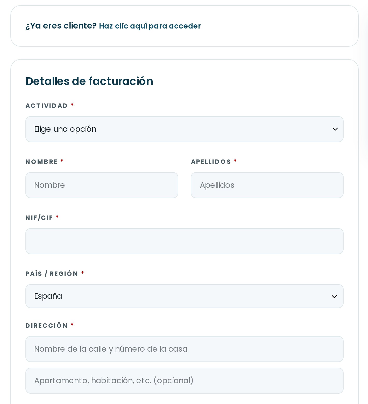Formulario de detalles de facturación del pedido