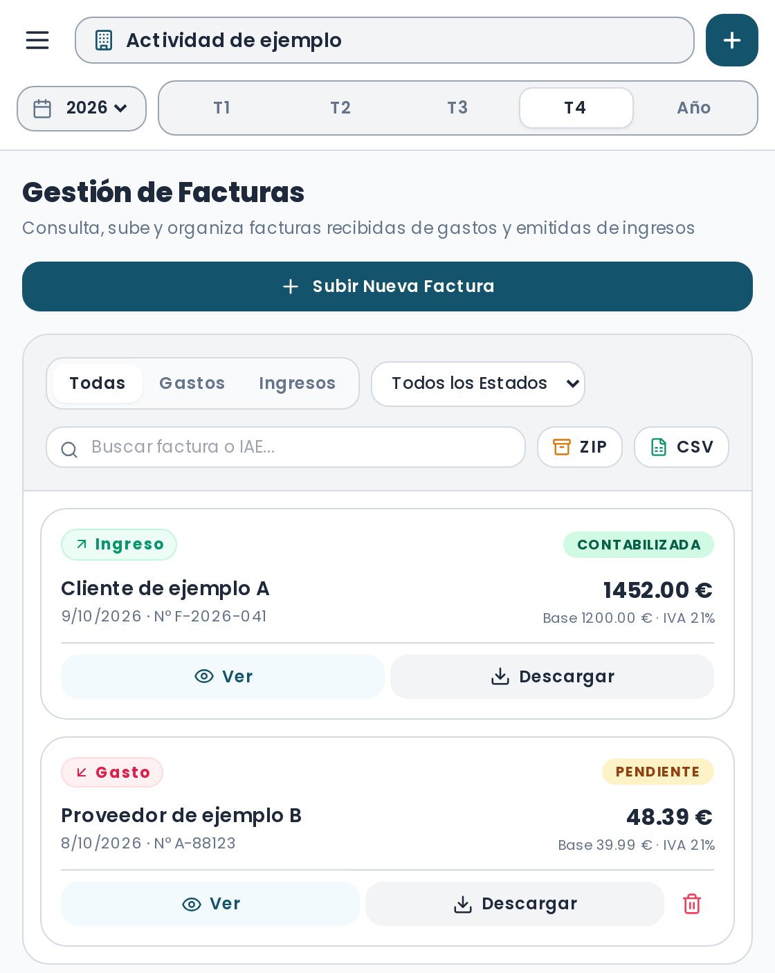 Listado de facturas del portal con su estado: pendiente, revisada o contabilizada (datos de ejemplo)