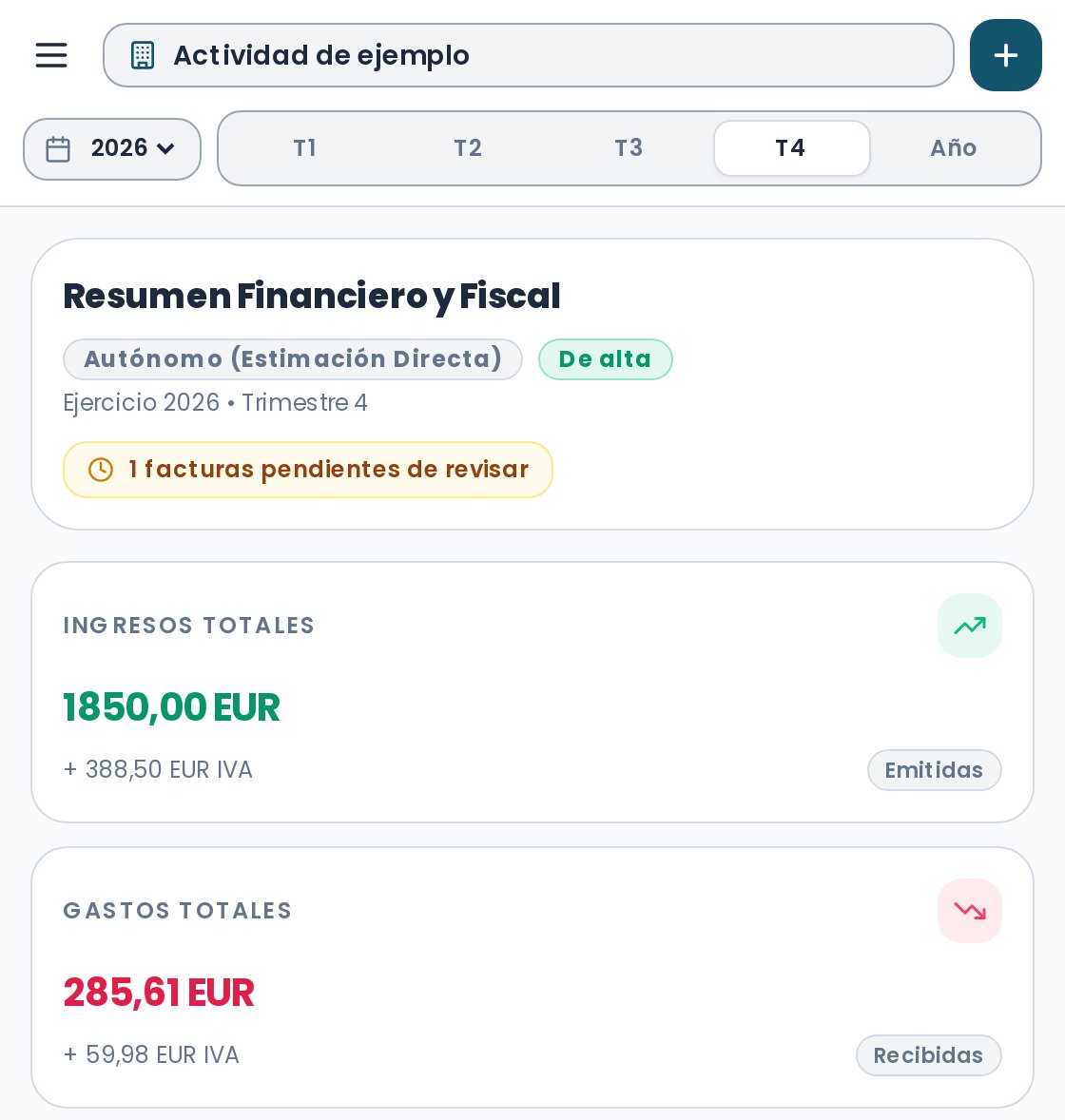 Panel del portal de clientes con el resumen financiero y fiscal (datos de ejemplo)