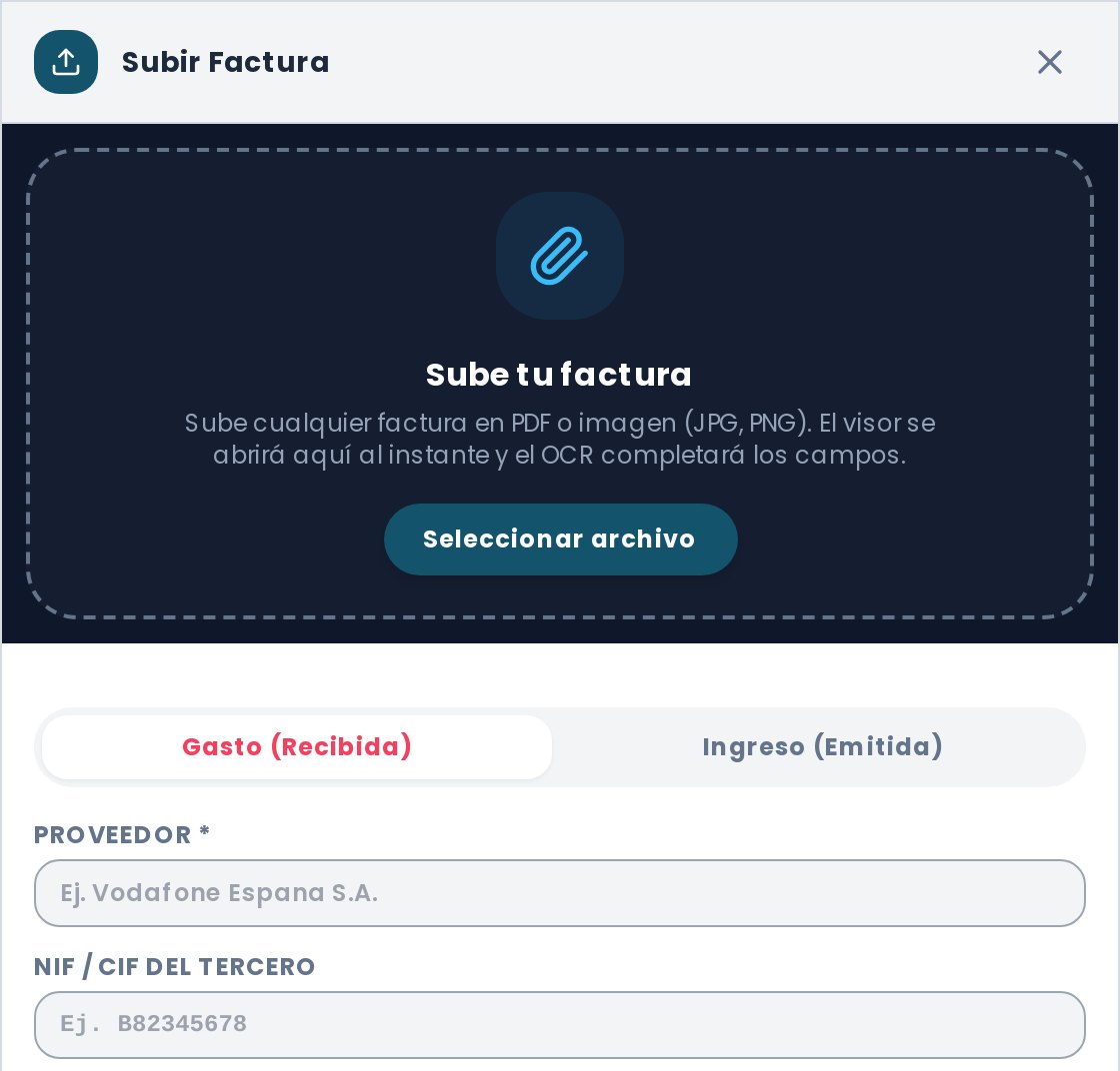 Subida de factura en el portal con lectura automática de los datos (datos de ejemplo)